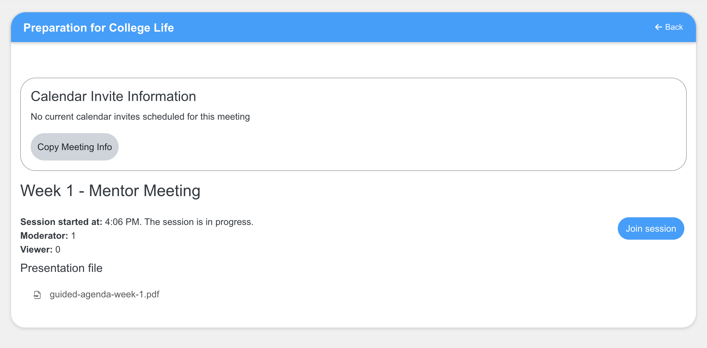 Assemble activity page showing the session status and Join Session button