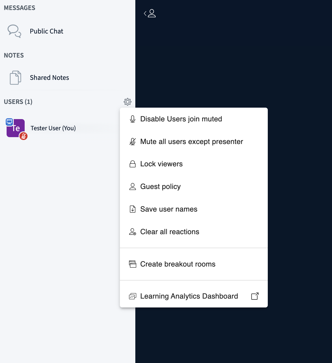 Meeting Settings menu opened from the gear beside Users