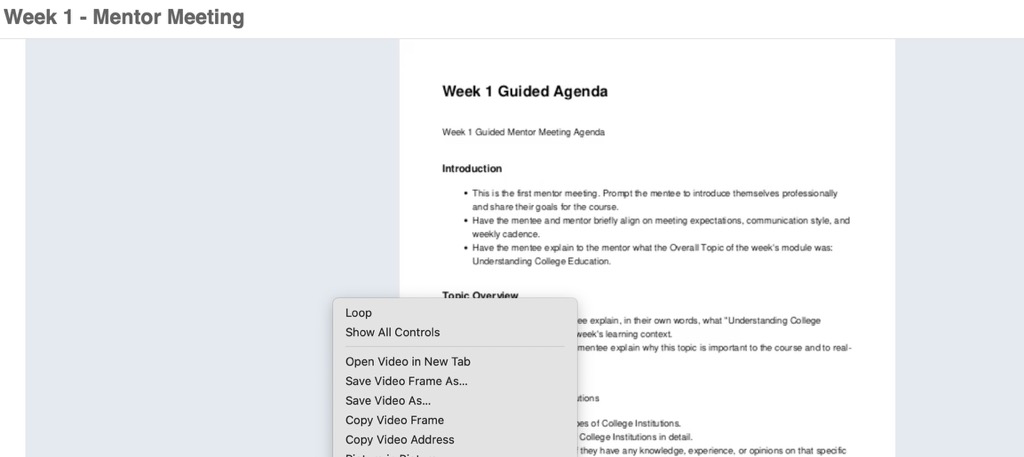 Right-click menu for downloading an Assemble video recording