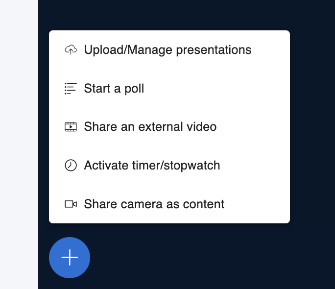 Session Actions menu opened from the plus button