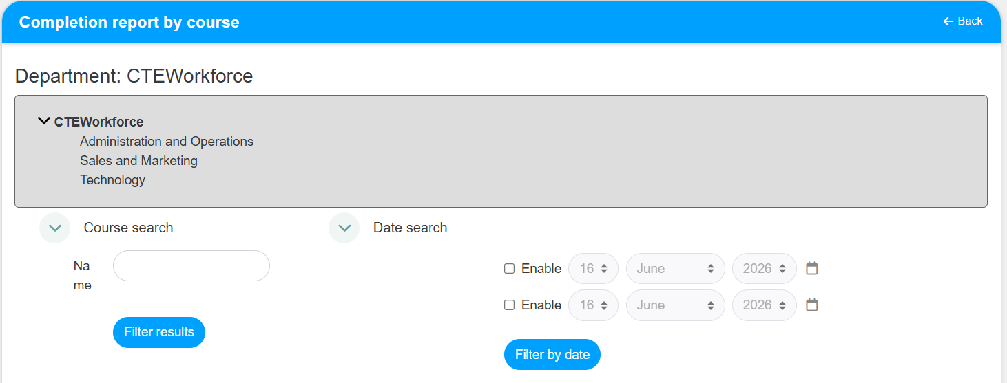 Completion Report by Course filters