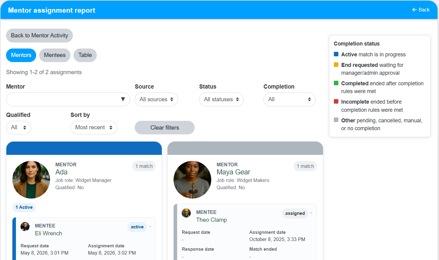 Mentoring Report filters and results