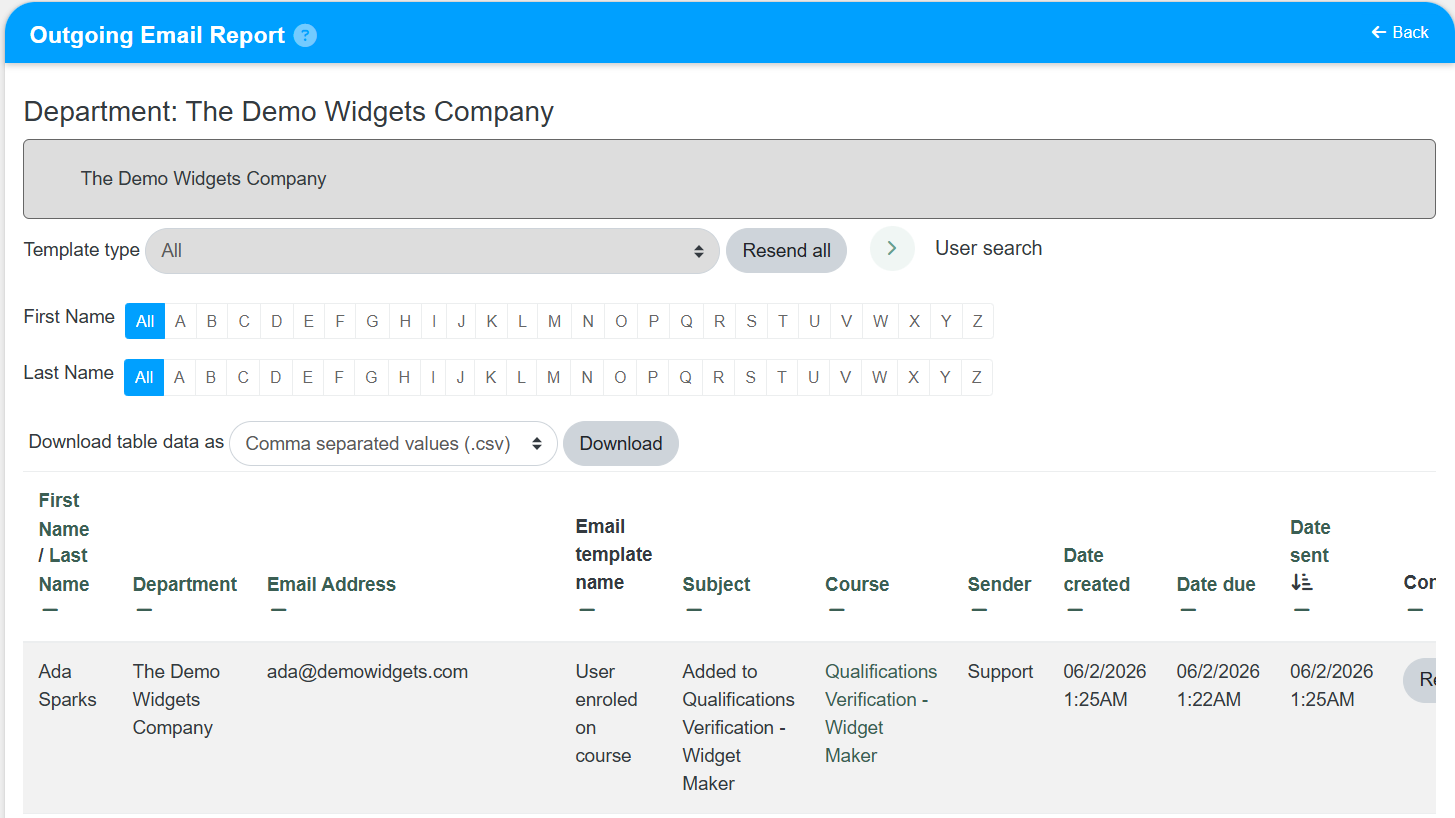 Outgoing Email Report results